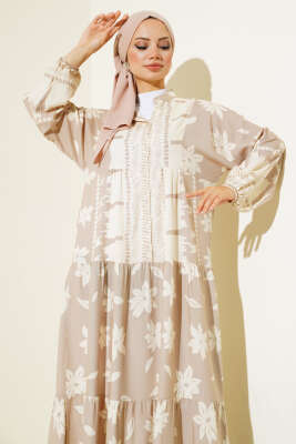 Hakim Yaka Kol Lastikli Elbise Bej - Tesettür Elbise