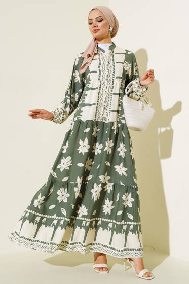 Hakim Yaka Kol Lastikli Elbise Haki - Elbise