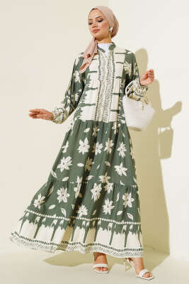 Hakim Yaka Kol Lastikli Elbise Haki 