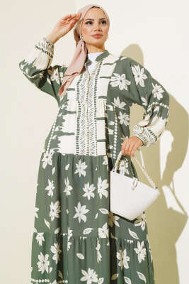 Hakim Yaka Kol Lastikli Elbise Haki - Tesettür Elbise