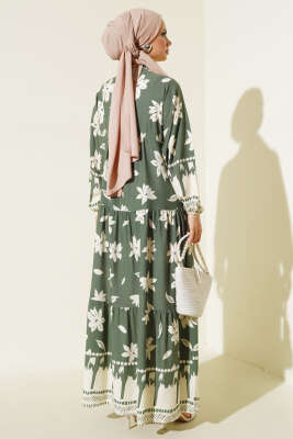 Hakim Yaka Kol Lastikli Elbise Haki - Tesettür Elbise