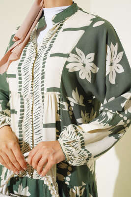 Hakim Yaka Kol Lastikli Elbise Haki - Tesettür Elbise