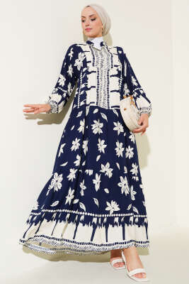 Hakim Yaka Kol Lastikli Elbise Lacivert - Tesettür Elbise