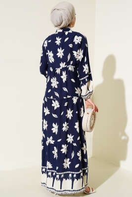 Hakim Yaka Kol Lastikli Elbise Lacivert - Tesettür Elbise