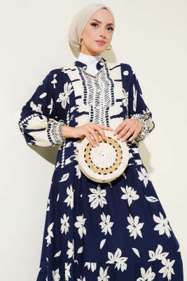 Hakim Yaka Kol Lastikli Elbise Lacivert - Tesettür Elbise