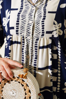 Hakim Yaka Kol Lastikli Elbise Lacivert - Tesettür Elbise