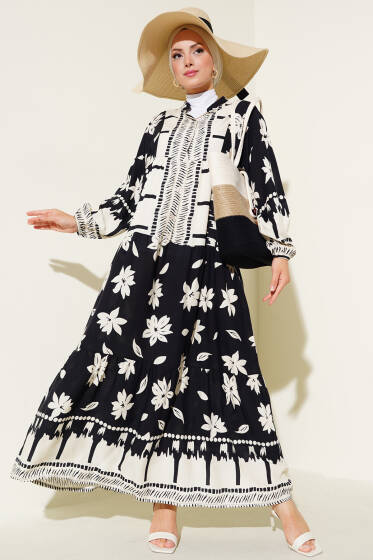 Hakim Yaka Kol Lastikli Elbise Siyah - Elbise