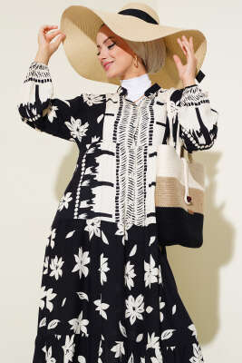 Hakim Yaka Kol Lastikli Elbise Siyah - Tesettür Elbise