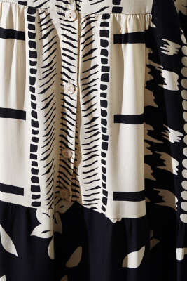 Hakim Yaka Kol Lastikli Elbise Siyah - Tesettür Elbise