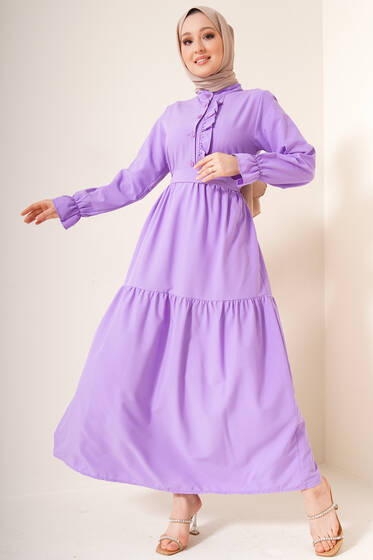 Hakim Yaka Kuşaklı Elbise Lila - Tesettür Elbise