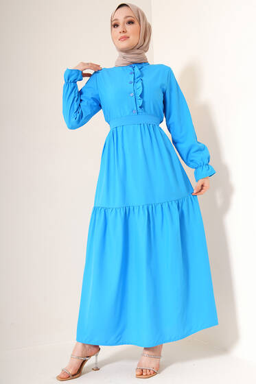 Hakim Yaka Kuşaklı Elbise Mavi - Tesettür Elbise