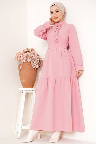 Hakim Yaka Kuşaklı Elbise Pudra - Tesettür Elbise