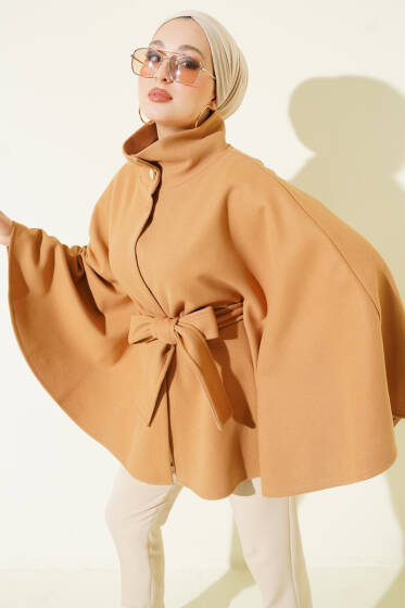 Hakim Yaka Kuşaklı Kaşe Panço Camel - Panço