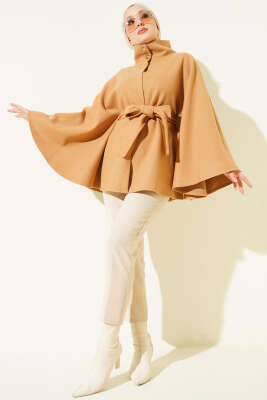 Hakim Yaka Kuşaklı Kaşe Panço Camel - Panço