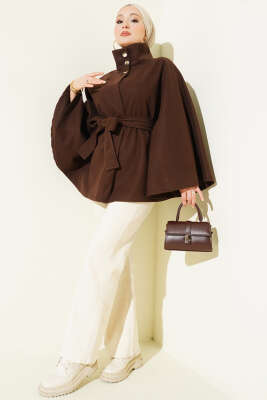 Hakim Yaka Kuşaklı Kaşe Panço Kahve - MISRA