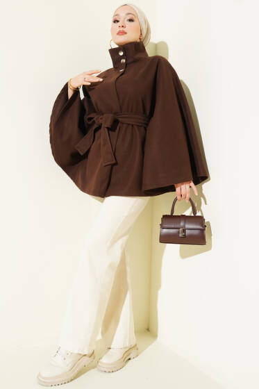 Hakim Yaka Kuşaklı Kaşe Panço Kahve - Panço