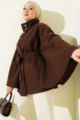 Hakim Yaka Kuşaklı Kaşe Panço Kahve - Panço