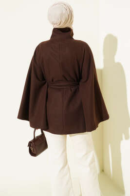 Hakim Yaka Kuşaklı Kaşe Panço Kahve - Panço