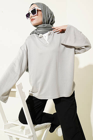 Hakim Yaka Loyşa Tunik Gri - Tunik