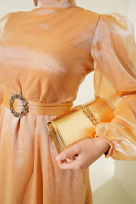 Hakim Yaka Organze Elbise Gold - Thumbnail