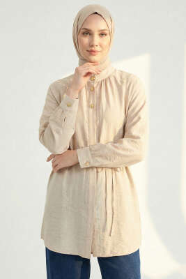 Hakim Yaka Patlı Gömlek Bej - NEVA MODA