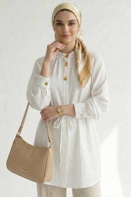 Hakim Yaka Patlı Gömlek Ekru - NEVA MODA