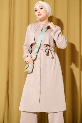 Hakim Yaka Pelerinli Loyşa İkili Takım Bej - İkili Takım