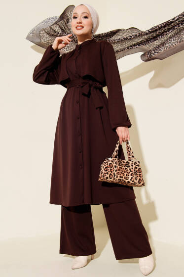 Hakim Yaka Pelerinli Loyşa İkili Takım Kahve - İkili Takım