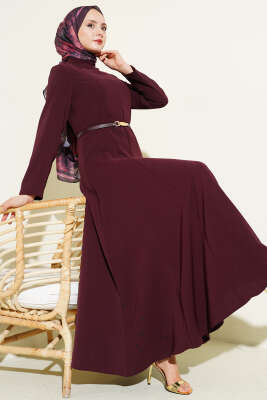 Hakim Yaka Pensli Kemerli Elbise Bordo - WENNA DESIGN