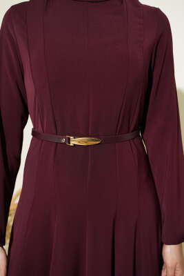 Hakim Yaka Pensli Kemerli Elbise Bordo - Elbise