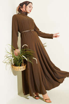 Hakim Yaka Pensli Kemerli Elbise Vizon - WENNA DESIGN