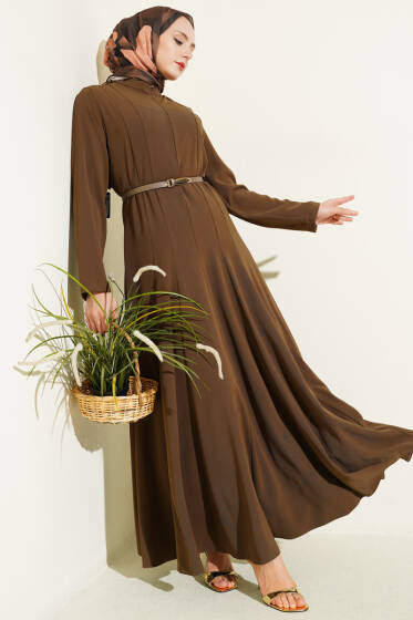 Hakim Yaka Pensli Kemerli Elbise Vizon - Elbise