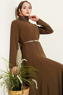 Hakim Yaka Pensli Kemerli Elbise Vizon - Elbise