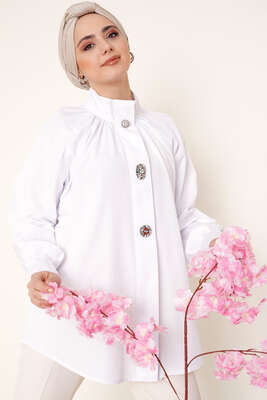 Hakim Yaka Taş Detaylı Tunik Beyaz 