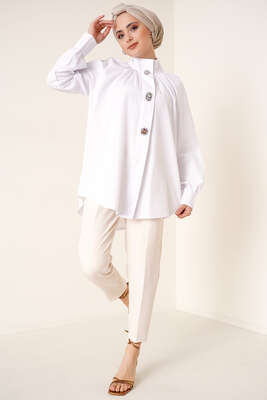 Hakim Yaka Taş Detaylı Tunik Beyaz - Tunik