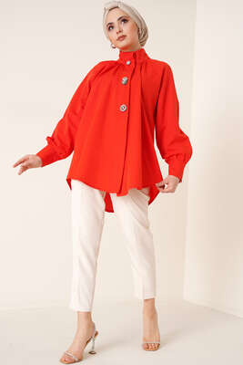 Hakim Yaka Taş Detaylı Tunik Kırmızı - Tunik