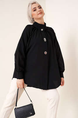 Hakim Yaka Taş Detaylı Tunik Siyah 