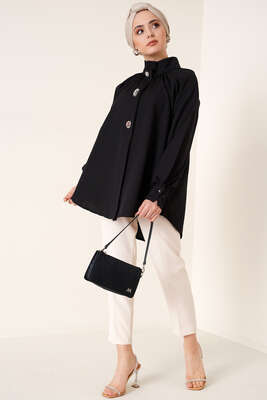 Hakim Yaka Taş Detaylı Tunik Siyah - Tunik