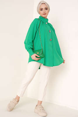 Hakim Yaka Taş Detaylı Tunik Yeşil - Tunik