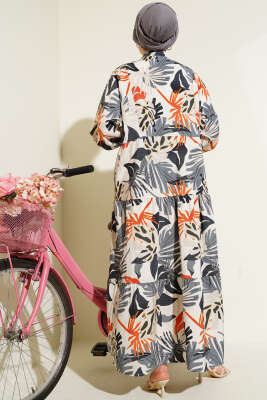 Hakim Yaka Tropik Desen Elbise Füme - Tesettür Elbise