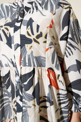 Hakim Yaka Tropik Desen Elbise Füme - Tesettür Elbise