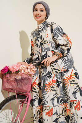 Hakim Yaka Tropik Desen Elbise Füme - Tesettür Elbise