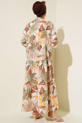 Hakim Yaka Tropik Desen Elbise Kahve - Tesettür Elbise