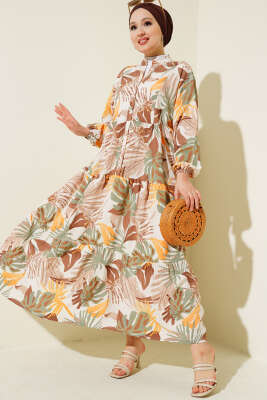 Hakim Yaka Tropik Desen Elbise Kahve 