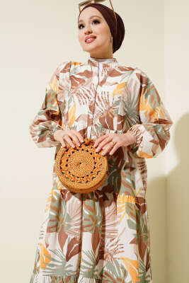 Hakim Yaka Tropik Desen Elbise Kahve - Tesettür Elbise