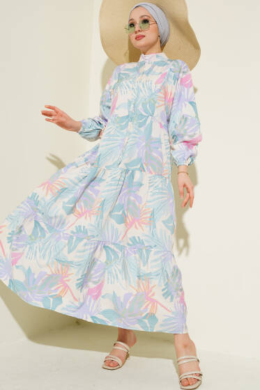 Hakim Yaka Tropik Desen Elbise Mint - Elbise