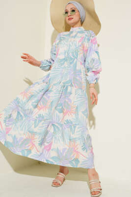 Hakim Yaka Tropik Desen Elbise Mint - Tesettür Elbise