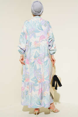 Hakim Yaka Tropik Desen Elbise Mint - Tesettür Elbise