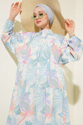 Hakim Yaka Tropik Desen Elbise Mint - Tesettür Elbise