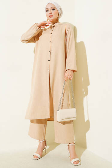 Hakim Yaka Uzun Tunik İkili Takım Bej - İkili Takım
